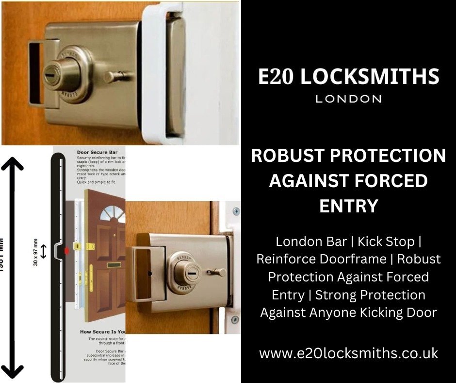 How does the London Bar reinforce door frames against forced entry?